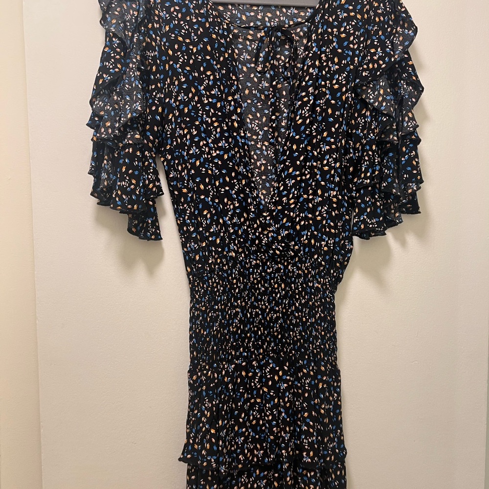 Olivaceous Black Patterned Ruffled Mini Dress - image 1